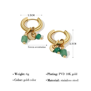 Planet Gates YC0454 YACHAN 18K Gold Plated Stainless Steel Hoop Earrings for Women Vintage Green Natural Stone Charms Trendy Waterproof Jewelry