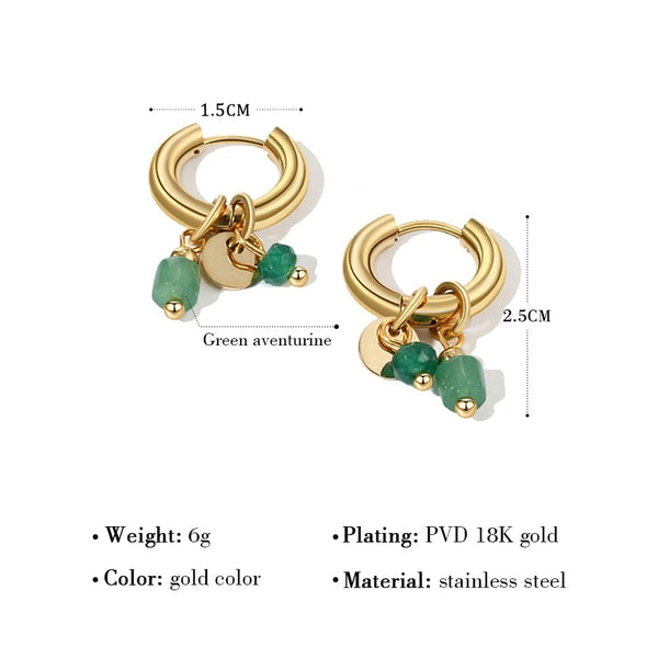 Planet Gates YC0454 YACHAN 18K Gold Plated Stainless Steel Hoop Earrings for Women Vintage Green Natural Stone Charms Trendy Waterproof Jewelry