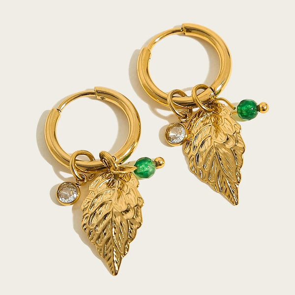 Planet Gates YC0454 YACHAN 18K Gold Plated Stainless Steel Hoop Earrings for Women Vintage Green Natural Stone Charms Trendy Waterproof Jewelry