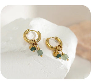 Planet Gates YC0454 YACHAN 18K Gold Plated Stainless Steel Hoop Earrings for Women Vintage Green Natural Stone Charms Trendy Waterproof Jewelry