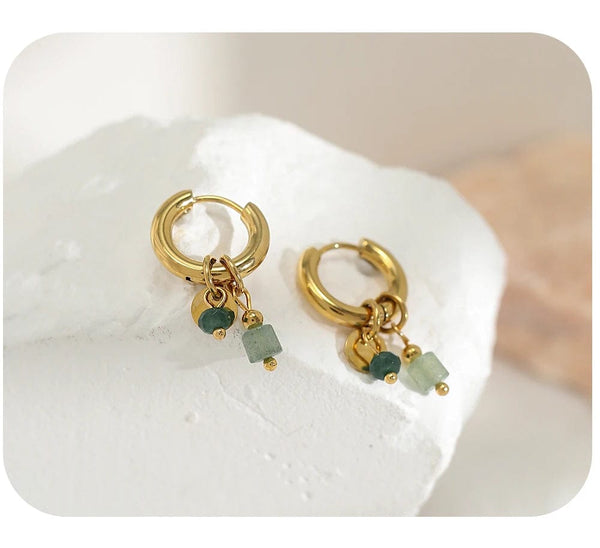 Planet Gates YC0454 YACHAN 18K Gold Plated Stainless Steel Hoop Earrings for Women Vintage Green Natural Stone Charms Trendy Waterproof Jewelry