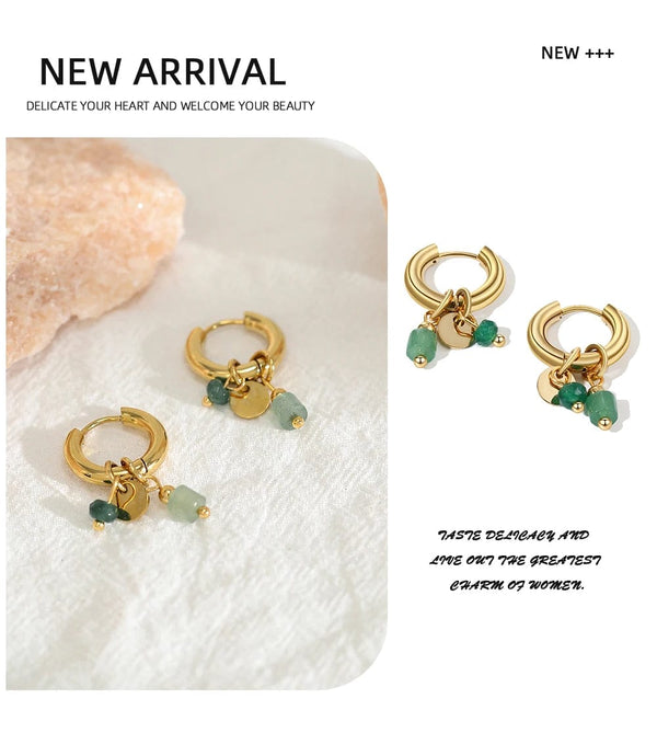 Planet Gates YC0454 YACHAN 18K Gold Plated Stainless Steel Hoop Earrings for Women Vintage Green Natural Stone Charms Trendy Waterproof Jewelry