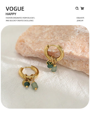 Planet Gates YC0454 YACHAN 18K Gold Plated Stainless Steel Hoop Earrings for Women Vintage Green Natural Stone Charms Trendy Waterproof Jewelry