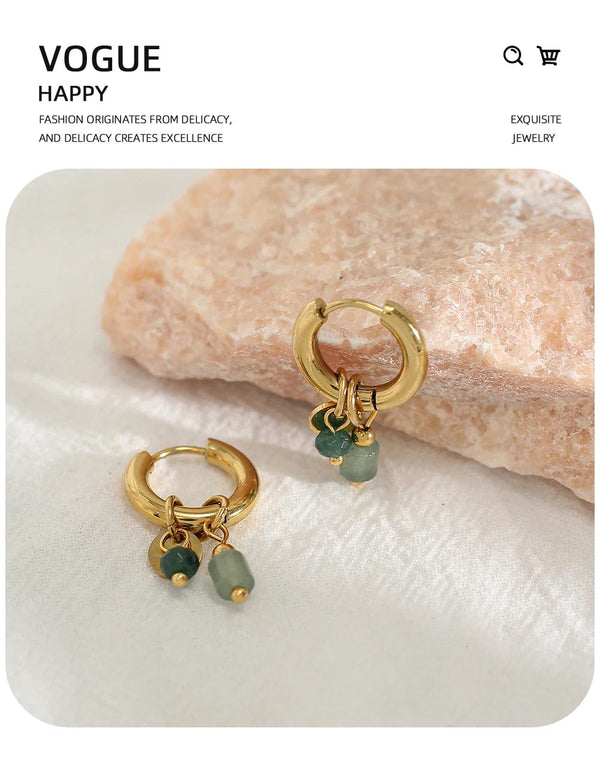Planet Gates YC0454 YACHAN 18K Gold Plated Stainless Steel Hoop Earrings for Women Vintage Green Natural Stone Charms Trendy Waterproof Jewelry