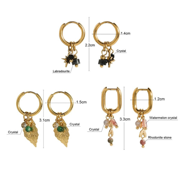 Planet Gates YC0454 YACHAN 18K Gold Plated Stainless Steel Hoop Earrings for Women Vintage Green Natural Stone Charms Trendy Waterproof Jewelry
