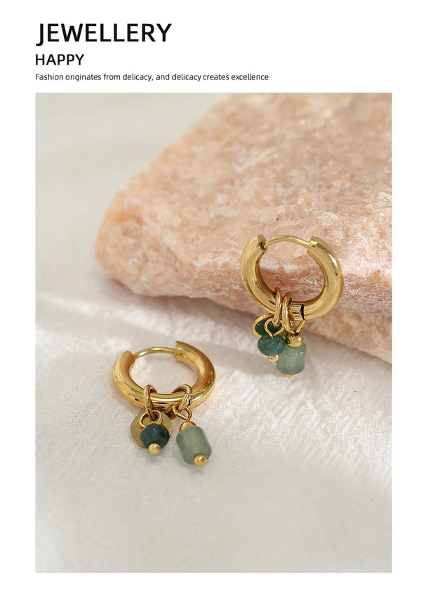 Planet Gates YC0454 YACHAN 18K Gold Plated Stainless Steel Hoop Earrings for Women Vintage Green Natural Stone Charms Trendy Waterproof Jewelry