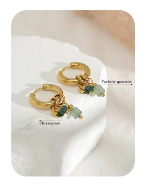 Planet Gates YC0454 YACHAN 18K Gold Plated Stainless Steel Hoop Earrings for Women Vintage Green Natural Stone Charms Trendy Waterproof Jewelry