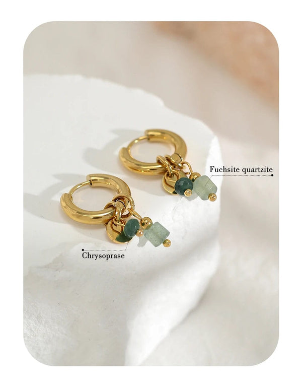 Planet Gates YC0454 YACHAN 18K Gold Plated Stainless Steel Hoop Earrings for Women Vintage Green Natural Stone Charms Trendy Waterproof Jewelry