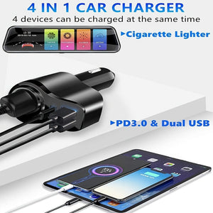 Planet Gates Yc08 4 In 1 USB C Car Charger, 36W Multi USB Cigarette Lighter Adapter Socket Splitter With 3 USB Ports, 12V/24V Dual USB Type C PD Fast Car Charger Adapter