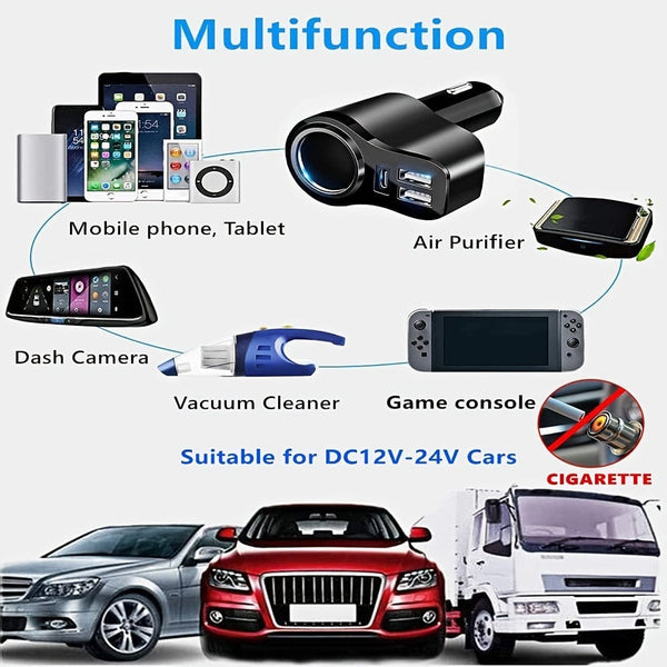 Planet Gates Yc08 4 In 1 USB C Car Charger, 36W Multi USB Cigarette Lighter Adapter Socket Splitter With 3 USB Ports, 12V/24V Dual USB Type C PD Fast Car Charger Adapter