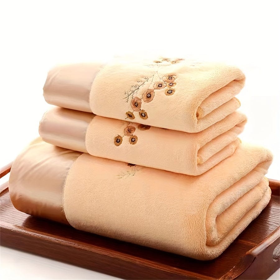 Planet Gates Yellow / 140x70cmx1pc+75x35cmx2pcs 3pcs Lace Embroidery Towel Set, Household Microfiber Towel, Soft Absorbent Hand Towel Bath Towel, Bath Linen Sets For Bathroom, 1 Bath Towel & 2 Hand Towel, Bathroom Supplies, Bathroom Accessories
