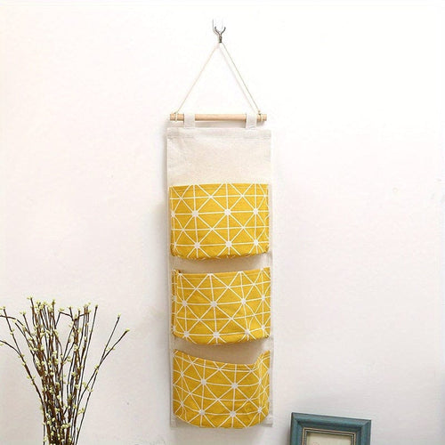Planet Gates Yellow 1pc Cotton Linen Storage Hanging Bag, With 3 Pockets, Door Back Wall Hanging Organizer, Fabric Finishing Storage Bag, Wall Mounted Storage Bag, For Toys Socks Shoes Sundries, Home Storage Supplies