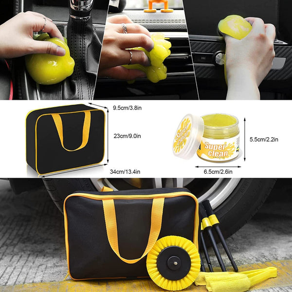 Planet Gates Yellow 20pcs Car Detailing Brush, Glove Waxing Pad, Tire Interior Air Conditioner Electric Cleaning Brush, With Storage Bag, Without Electric Brick