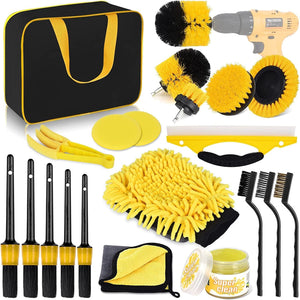 Planet Gates Yellow 20pcs Car Detailing Brush, Glove Waxing Pad, Tire Interior Air Conditioner Electric Cleaning Brush, With Storage Bag, Without Electric Brick