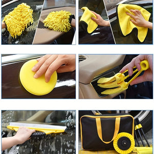 Planet Gates Yellow 20pcs Car Detailing Brush, Glove Waxing Pad, Tire Interior Air Conditioner Electric Cleaning Brush, With Storage Bag, Without Electric Brick