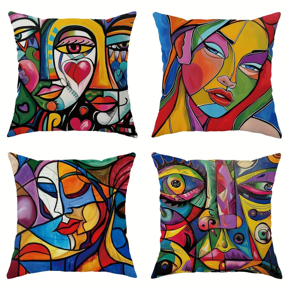 Planet Gates Yellow Blue Red 4pcs, Geometric Woman Face Yellow Blue Red Polyester Pillow Covers, Vintage Abstract Art Throw Pillow Covers, Decorative Cushion Covers 45×45Cm/18 "X18", For Living Room, Bedroom, Sofa Bed Decoration