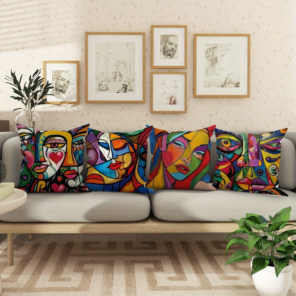 Planet Gates Yellow Blue Red 4pcs, Geometric Woman Face Yellow Blue Red Polyester Pillow Covers, Vintage Abstract Art Throw Pillow Covers, Decorative Cushion Covers 45×45Cm/18 "X18", For Living Room, Bedroom, Sofa Bed Decoration