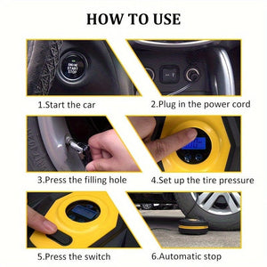 Planet Gates Yellow DC12v Wired Car Tire Inflator Pump, Preset Tire Pressure Fully Self Stop Detect Tire Pressure With Digital Display And Lighting, Perfect For Cars