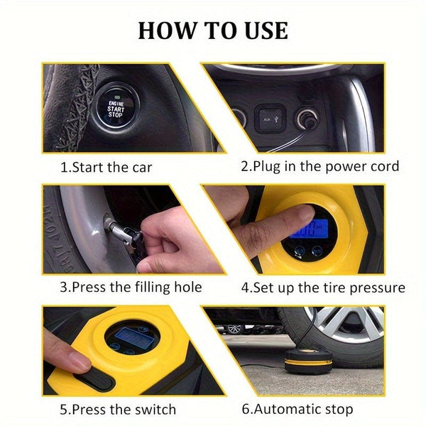 Planet Gates Yellow DC12v Wired Car Tire Inflator Pump, Preset Tire Pressure Fully Self Stop Detect Tire Pressure With Digital Display And Lighting, Perfect For Cars