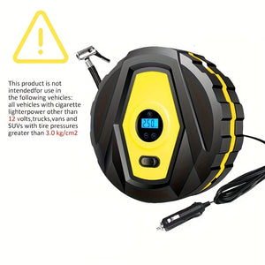 Planet Gates Yellow DC12v Wired Car Tire Inflator Pump, Preset Tire Pressure Fully Self Stop Detect Tire Pressure With Digital Display And Lighting, Perfect For Cars