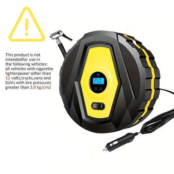 Planet Gates Yellow DC12v Wired Car Tire Inflator Pump, Preset Tire Pressure Fully Self Stop Detect Tire Pressure With Digital Display And Lighting, Perfect For Cars