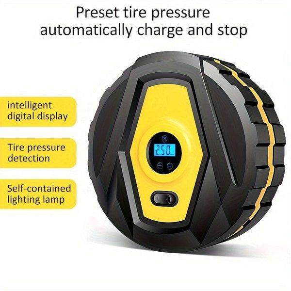Planet Gates Yellow DC12v Wired Car Tire Inflator Pump, Preset Tire Pressure Fully Self Stop Detect Tire Pressure With Digital Display And Lighting, Perfect For Cars