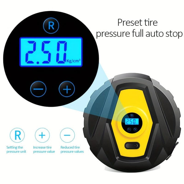 Planet Gates Yellow DC12v Wired Car Tire Inflator Pump, Preset Tire Pressure Fully Self Stop Detect Tire Pressure With Digital Display And Lighting, Perfect For Cars