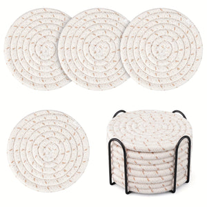 Planet Gates Yellow Dot White 8pcs, Round Fabric Coasters, Thermal Insulation Mat For Household Kitchen Tables, Round Cotton Rope Woven Meal Pad, Plate Mat, Cup Mat, Pot Mat, Hanging Home Decoration