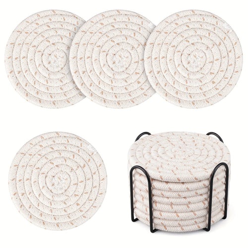 Planet Gates Yellow Dot White 8pcs, Round Fabric Coasters, Thermal Insulation Mat For Household Kitchen Tables, Round Cotton Rope Woven Meal Pad, Plate Mat, Cup Mat, Pot Mat, Hanging Home Decoration