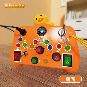 Planet Gates Yellow Duck Montessori Busy Board Sensory Toys Cartoon with LED Light Switch Control Board Travel Activities Children Game for 2-4 Years Old