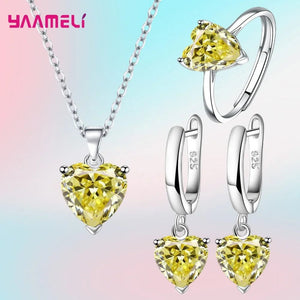 Planet Gates Yellow Fine 925 Sterling Silver Color Jewelry Gift Sets for Women Female Romantic Heart Zircon Huggie Earrings Pendant Necklace Ring