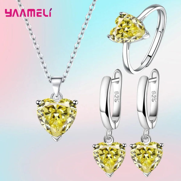 Planet Gates Yellow Fine 925 Sterling Silver Color Jewelry Gift Sets for Women Female Romantic Heart Zircon Huggie Earrings Pendant Necklace Ring