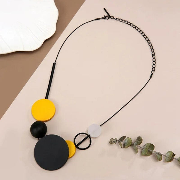 Planet Gates Yellow Handmade Natural Black Wooden Round Slice Pendant Necklace for Women Statement Bib Necklaces Vintage Jewelry