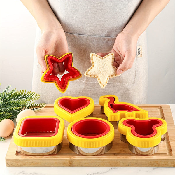 Planet Gates Yellow+Red 6-piece Set 1 stainless steel bear shaped cutting mold, sandwich cutting mold with hand protector, bread mold, multifunctional sandwich, toast, fruit cutting mold, biscuit mold, DIY baking mold