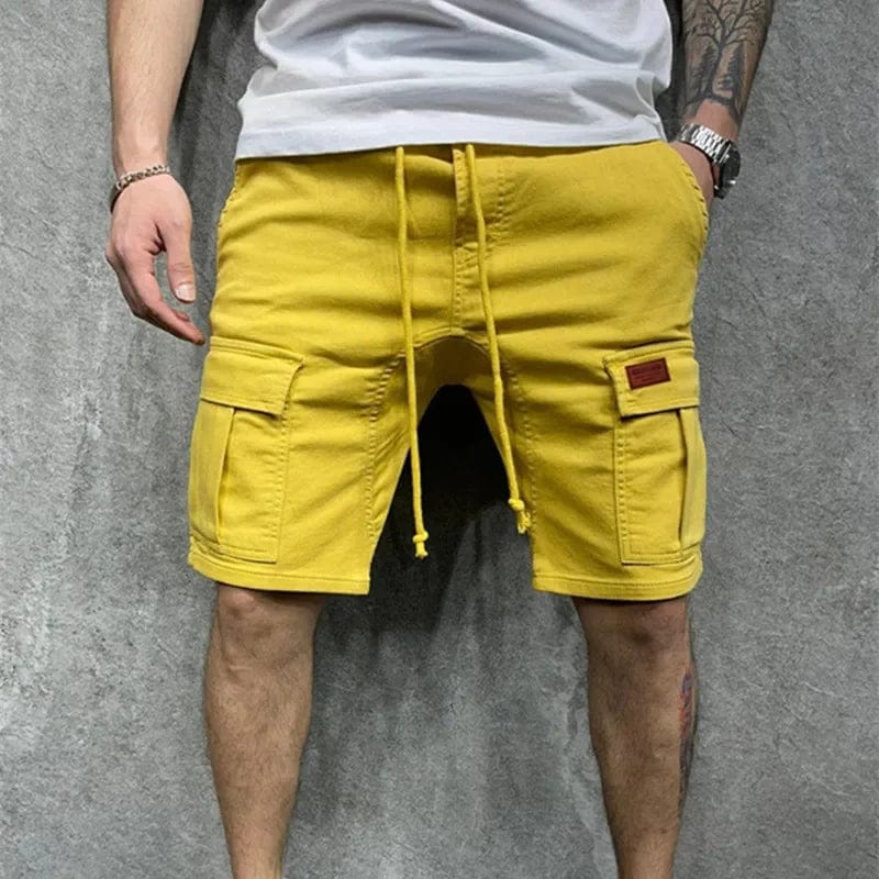 Planet Gates Men's Casual Shorts Men's summer cargo shorts Loose multi-pocket stitching waist drawstring straight barrel