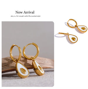 Planet Gates YH019A Yhpup Golden Avocado Drop Stainless Steel Fruit Huggie Hoop Earrings for Women Natural Shell Fashion Charm Cute Jewelry Gift