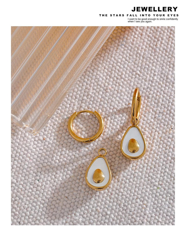Planet Gates YH019A Yhpup Golden Avocado Drop Stainless Steel Fruit Huggie Hoop Earrings for Women Natural Shell Fashion Charm Cute Jewelry Gift