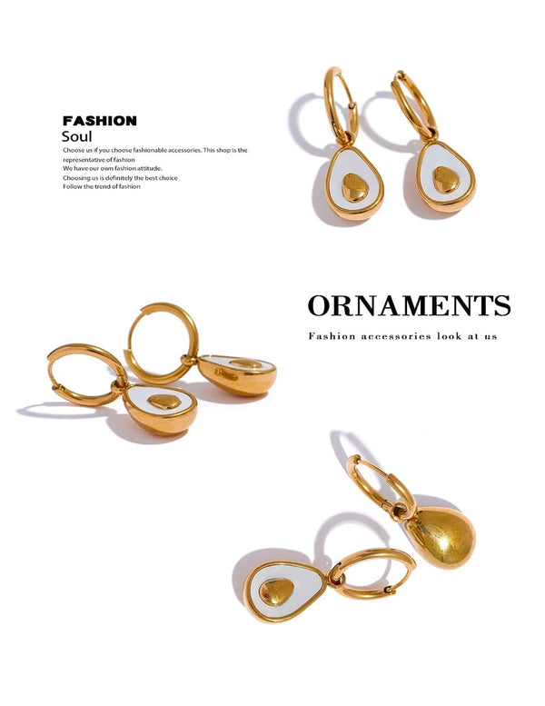 Planet Gates YH019A Yhpup Golden Avocado Drop Stainless Steel Fruit Huggie Hoop Earrings for Women Natural Shell Fashion Charm Cute Jewelry Gift