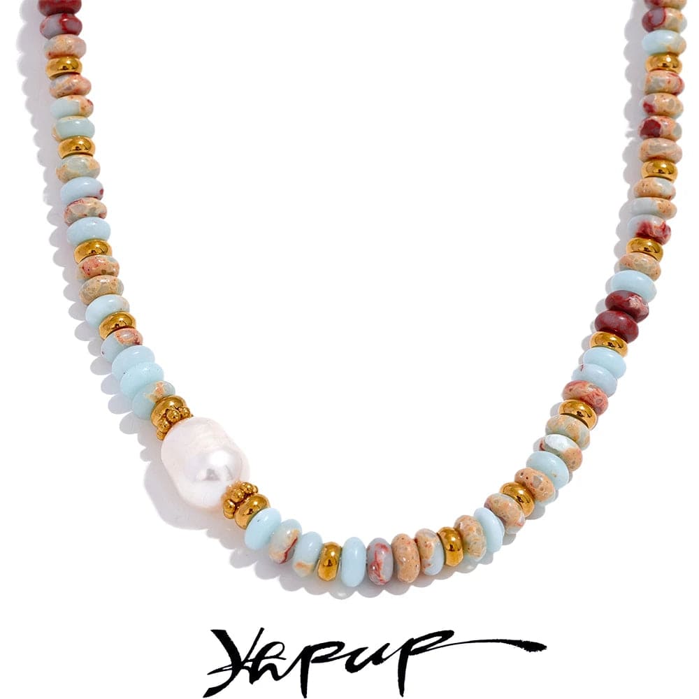 Planet Gates YH1895A Yhpup Trendy Natural Stone Freshwater Pearl Collar Chain Necklace Stainless Steel Handmade Stylish Beads Jewelry Bijoux Gift
