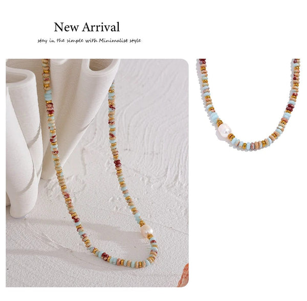 Planet Gates YH1895A Yhpup Trendy Natural Stone Freshwater Pearl Collar Chain Necklace Stainless Steel Handmade Stylish Beads Jewelry Bijoux Gift