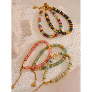 Planet Gates YH4039A Pink Yhpup Colorful Natural Stone Beads Chain Handmade Bracelet Bangle Waterproof Bohemia Stainless Steel Y2K Trendy Jewelry Gift