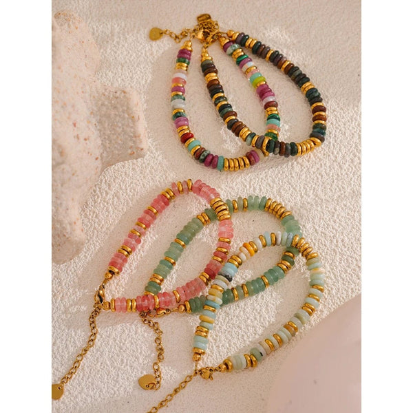 Planet Gates YH4039A Pink Yhpup Colorful Natural Stone Beads Chain Handmade Bracelet Bangle Waterproof Bohemia Stainless Steel Y2K Trendy Jewelry Gift