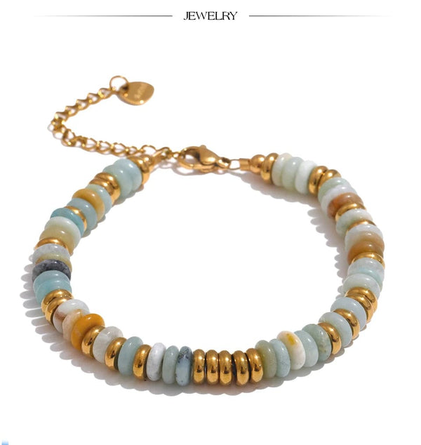 Planet Gates YH4039A Pink Yhpup Colorful Natural Stone Beads Chain Handmade Bracelet Bangle Waterproof Bohemia Stainless Steel Y2K Trendy Jewelry Gift