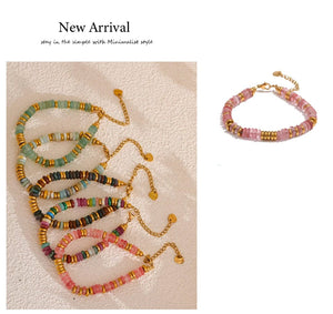 Planet Gates YH4039A Pink Yhpup Colorful Natural Stone Beads Chain Handmade Bracelet Bangle Waterproof Bohemia Stainless Steel Y2K Trendy Jewelry Gift