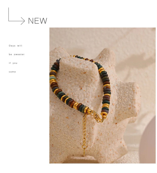 Planet Gates YH4039A Pink Yhpup Colorful Natural Stone Beads Chain Handmade Bracelet Bangle Waterproof Bohemia Stainless Steel Y2K Trendy Jewelry Gift