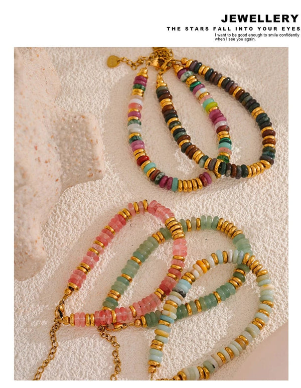 Planet Gates YH4039A Pink Yhpup Colorful Natural Stone Beads Chain Handmade Bracelet Bangle Waterproof Bohemia Stainless Steel Y2K Trendy Jewelry Gift