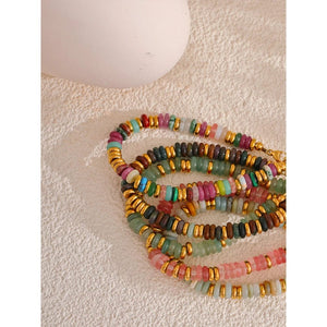 Planet Gates YH4039A Pink Yhpup Colorful Natural Stone Beads Chain Handmade Bracelet Bangle Waterproof Bohemia Stainless Steel Y2K Trendy Jewelry Gift