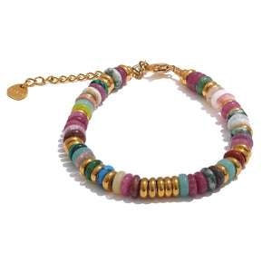 Planet Gates YH4039A Pink Yhpup Colorful Natural Stone Beads Chain Handmade Bracelet Bangle Waterproof Bohemia Stainless Steel Y2K Trendy Jewelry Gift