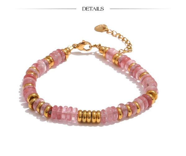 Planet Gates YH4039A Pink Yhpup Colorful Natural Stone Beads Chain Handmade Bracelet Bangle Waterproof Bohemia Stainless Steel Y2K Trendy Jewelry Gift