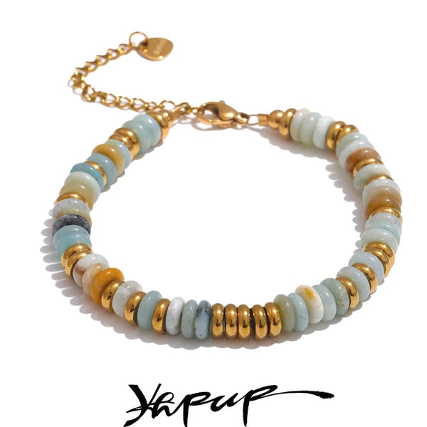 Planet Gates YH4039A Pink Yhpup Colorful Natural Stone Beads Chain Handmade Bracelet Bangle Waterproof Bohemia Stainless Steel Y2K Trendy Jewelry Gift